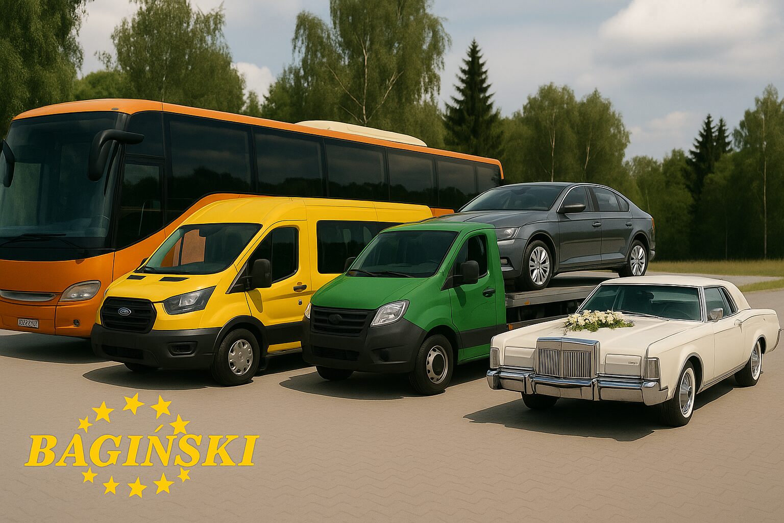 Różne pojazdy gotowe do transportu na lotnisko.